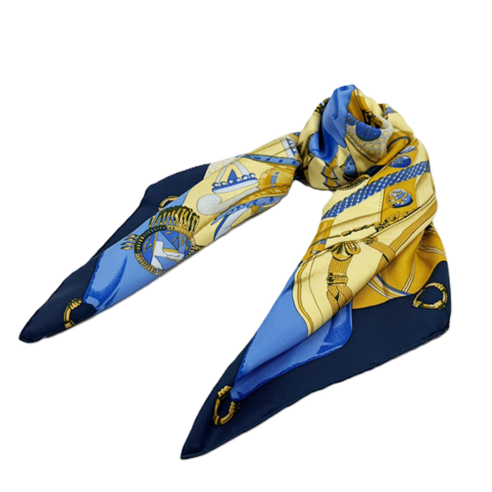 【中古】HERMES エルメス カレ90 SOLIEL DE SOIE 太陽の大帆 シルクスカーフ ネイビー×イエロー シルク 大判 スクエア 正方形 i0907oq013115