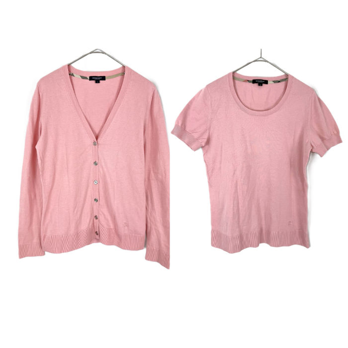 【中古】バーバリー BURBERRY アンサンブルニット 半袖 カーディガン セット コットン くすみピンク i0606aq01520