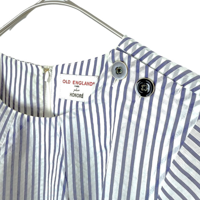 【中古】オールドイングランド OLD ENGLAND ストライプワンピース フレンチスリーブ ウエストシェイプ ブルー ホワイト i0515n0064