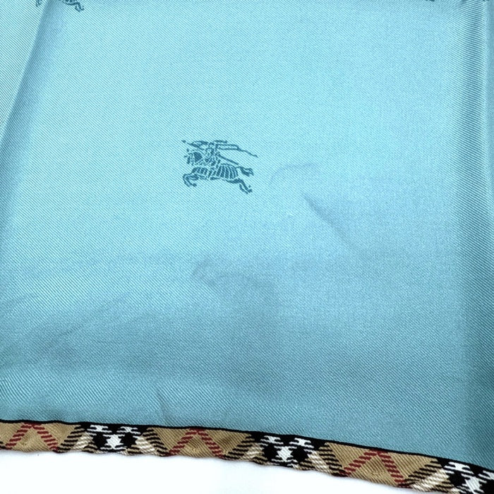 【中古】バーバリー BURBERRY スカーフ ロゴ 縁チェック おしゃれ シルク くすみブルー ベージュ i0727tq0073