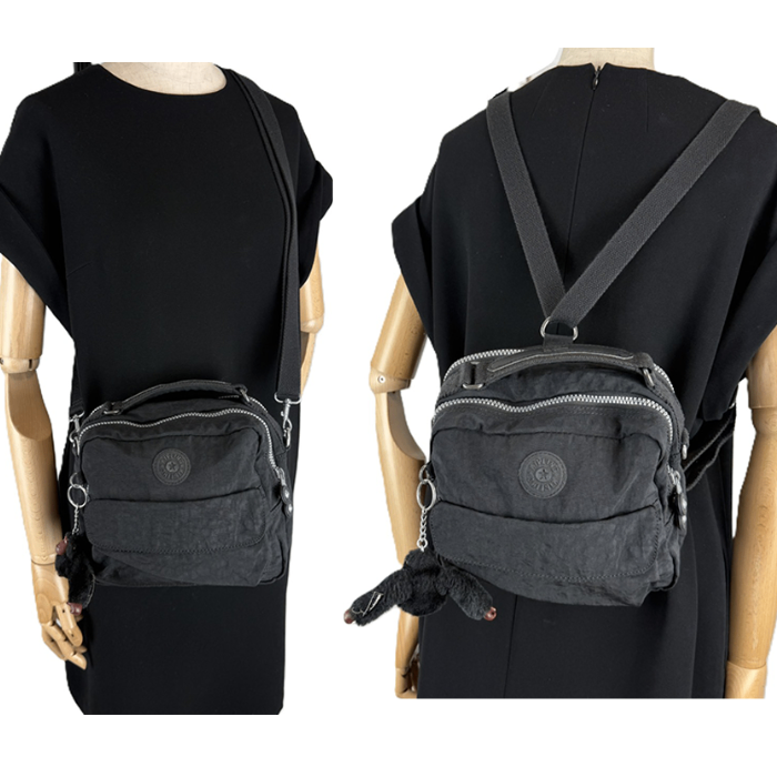 【中古】Kipling キプリング ショルダーバッグ 3WAY バックパック リュック ハンドバッグ モンキーチャーム付き ブラック 軽量 i0731wq0285