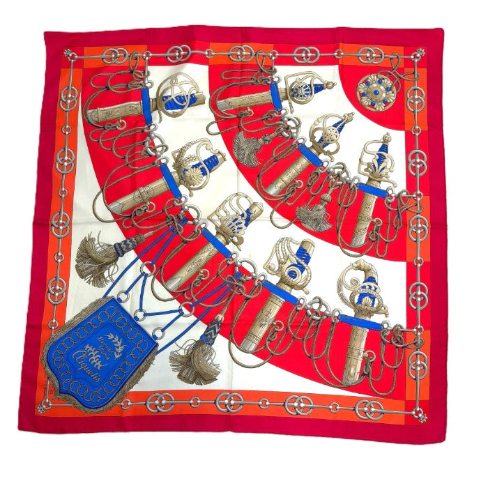 【中古】エルメス HERMES スカーフ カレ90 cliquetis 大判 シルク 柄 レッド アイボリー ブルー i0606aq021100