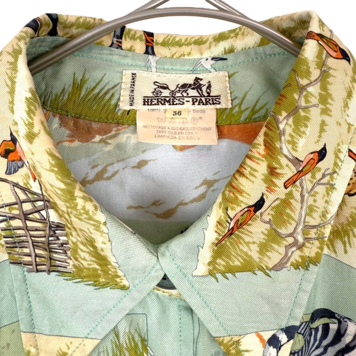 【中古】エルメス HERMES シルクブラウス 長袖 アニマル柄 動物 上質 くすみグリーン系 i0627aq012230