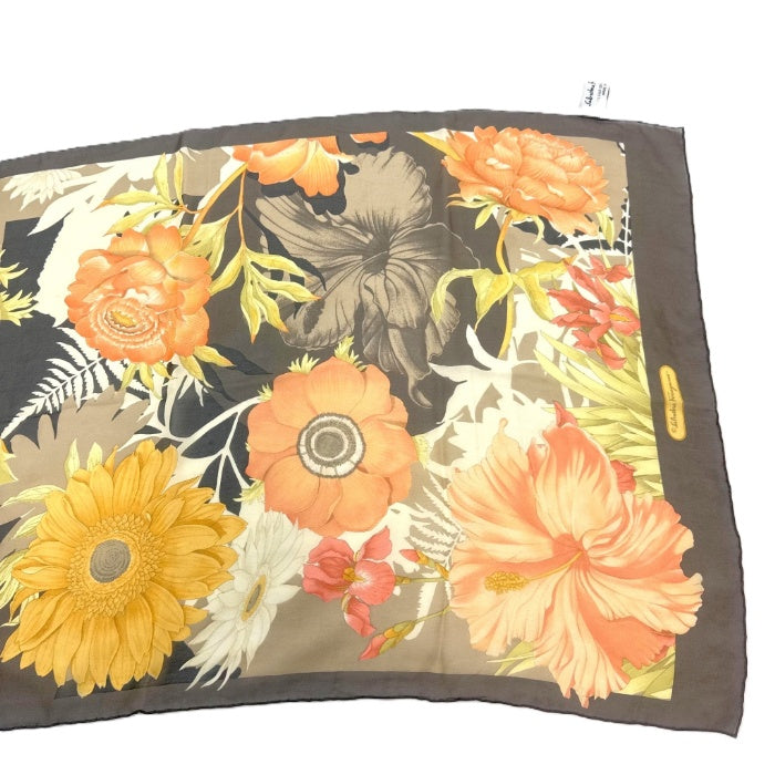 【中古】サルヴァトーレフェラガモ Ferragamo スカーフ ロング 花柄 シアー 透け感 ブラウン オレンジ系 i0429wq00130