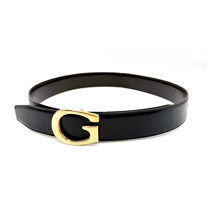 中古】GUCCI グッチ 本革 レザーベルト ブラック 黒 ゴールドGバックル