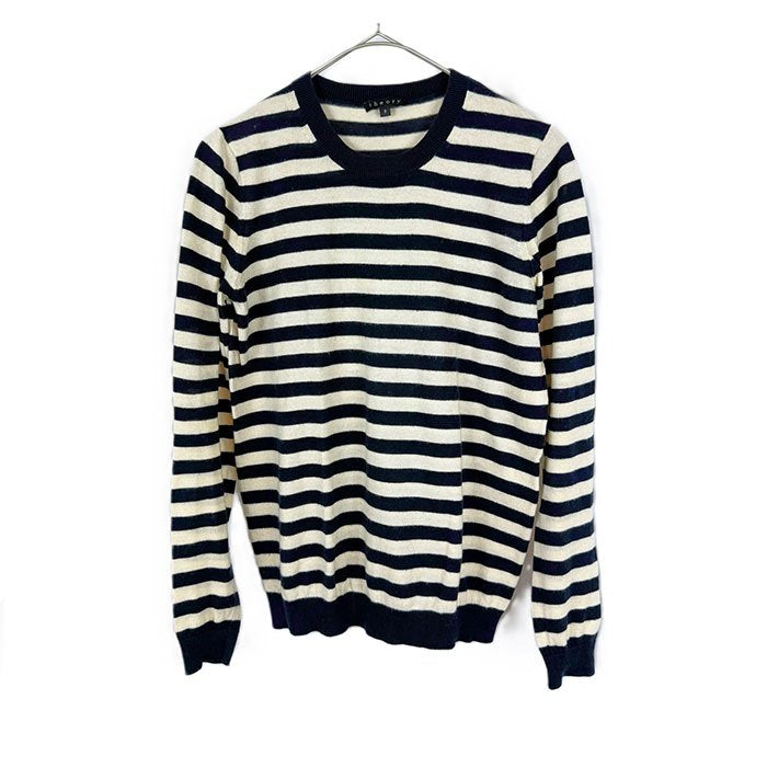 【中古】セオリー Theory ボーダーニット クルーネック コットン カシミヤ 薄手 アイボリー 濃紺 i0703n0104