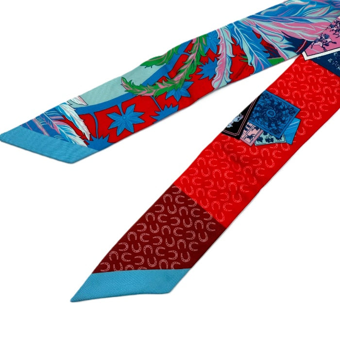 【中古】エルメス HERMES ツイリー スカーフ スリム 馬と不死鳥 ブルー レッド ピンク i0627aq02787