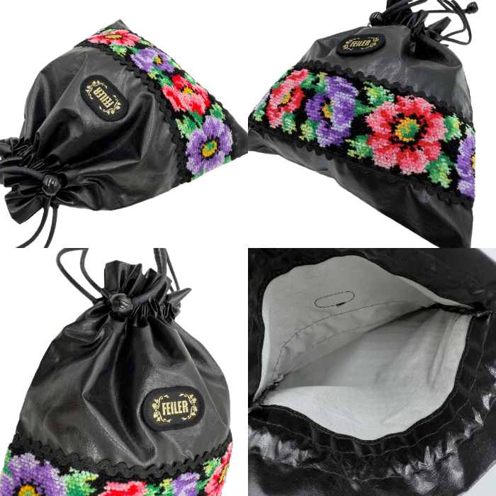 【中古】フェイラー FEILER ポーチ 巾着 レザー調 花柄 可愛い ブラック マルチカラー i0727tq0036