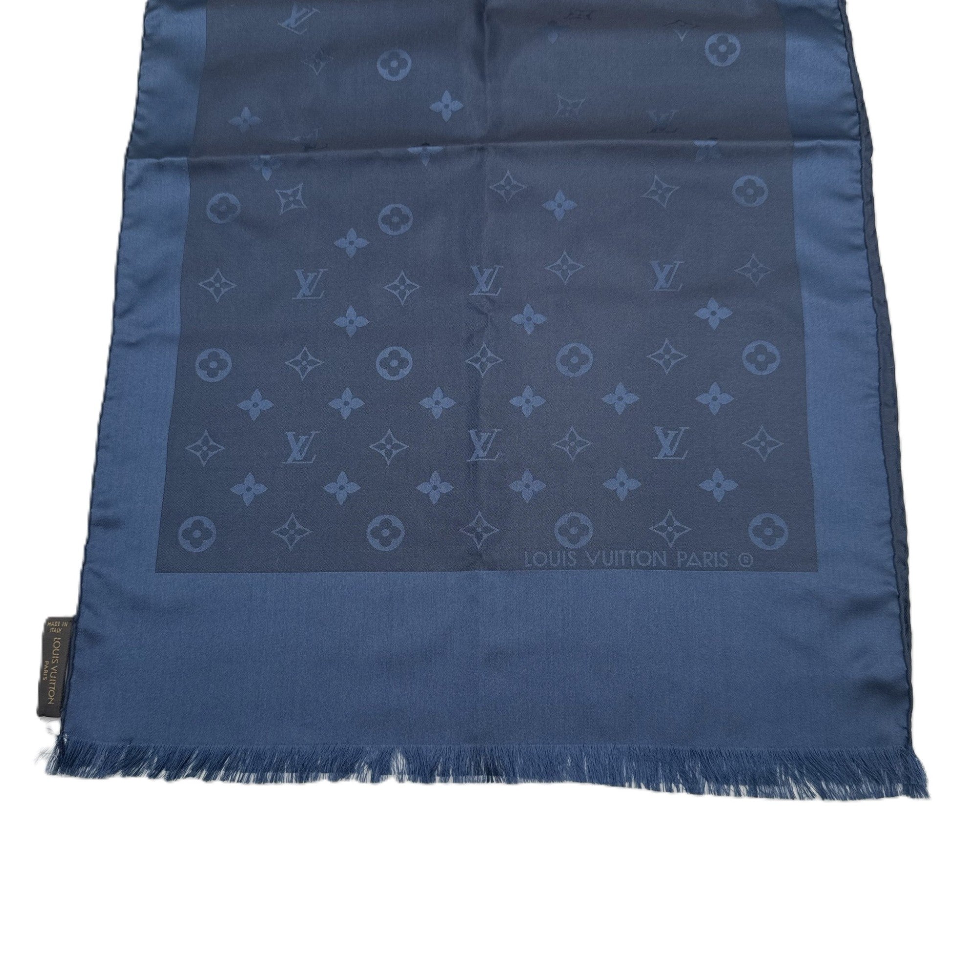 【中古】ルイヴィトン LOUIS VUITTON シルクスカーフ モノグラム 光沢 上品 ネイビー 紺 i0710lq003187