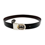 画像をギャラリービューアに読み込む, 【中古】GUCCI グッチ GGバックル ベルト ブラック レザー メンズ 黒 j0115lq00844

