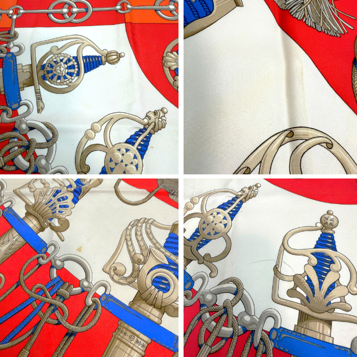 【中古】エルメス HERMES スカーフ カレ90 cliquetis 大判 シルク 柄 レッド アイボリー ブルー i0606aq021100