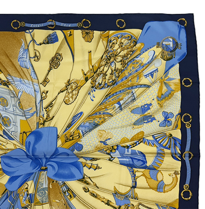 【中古】HERMES エルメス カレ90 SOLIEL DE SOIE 太陽の大帆 シルクスカーフ ネイビー×イエロー シルク 大判 スクエア 正方形 i0907oq013115