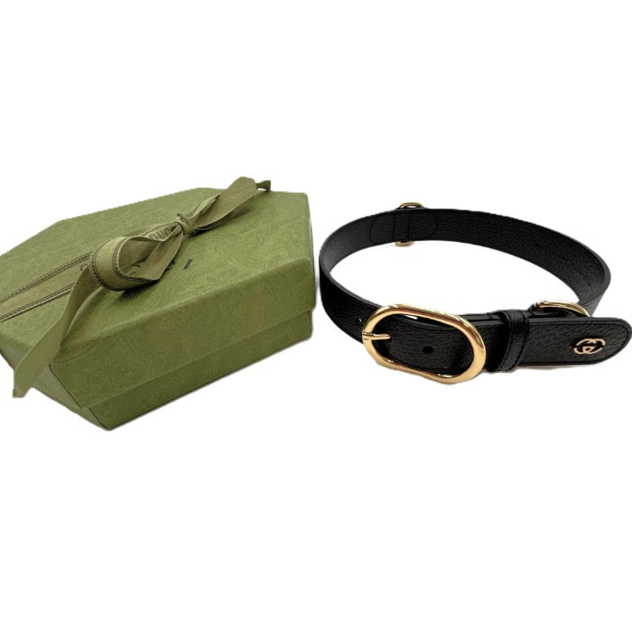【中古】グッチ GUCCI ペット用 首輪 インターロッキングG レザー 箱付き GGロゴ ブラック ゴールド i0710lq020121