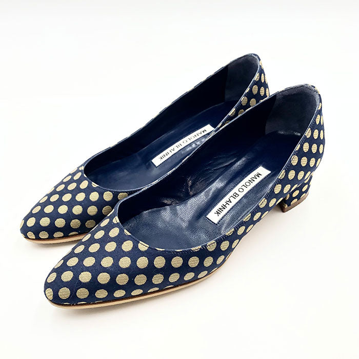 【中古】マノロブラニク MANOLO BLAHNIK パンプス ドット柄 ラウンドトゥ チャンキーヒール ネイビー g0704w001-0817